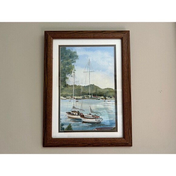 Handmade Other - 1980s Vintage Art Painting Framed Watercolor Sailboats on a Lake - Doris Minnich